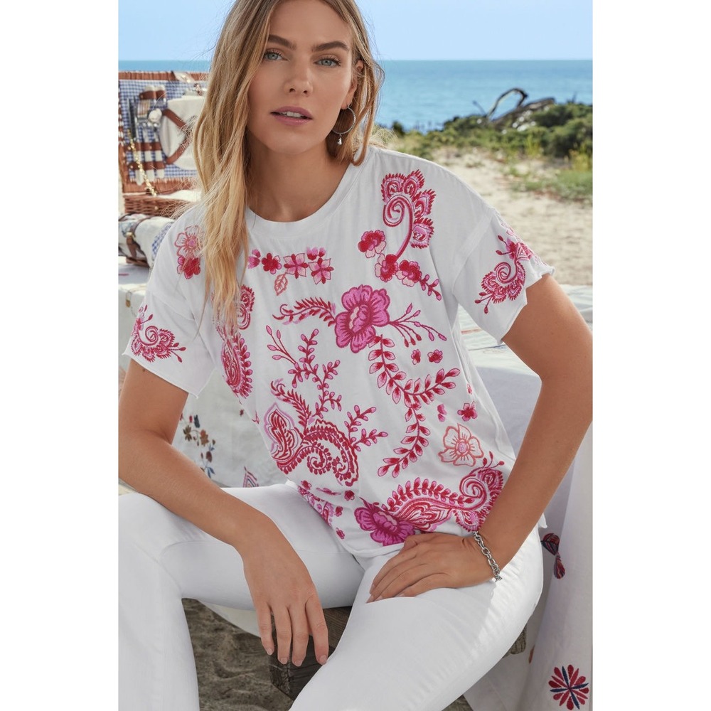 Johnny Was White Cotton Raw Detail Embroidered Floral Paisley Swing Tee XL Boho